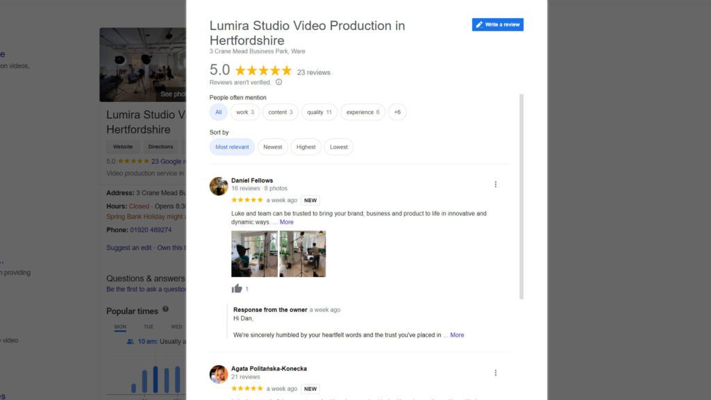 Lumira Studio Google Review_Video Production Company hertfordshire | Lumira Studio Video Production Hertfordshire