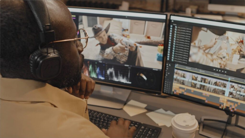 man sitting at desk with headphones two monitors video editing software – Lumira Studio